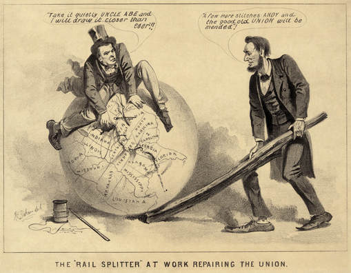 Political Cartoon of Abraham Lincoln mending the Post-Civil War South 